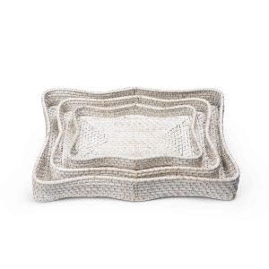 Sanibel Scalloped Rattan Trays, Whitewashed, Set of 3