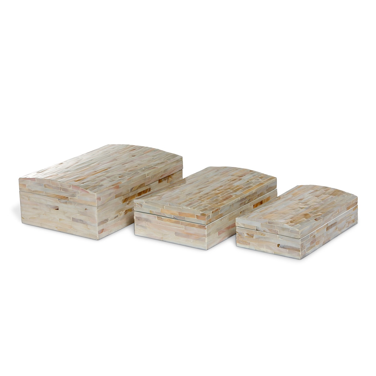 Three graduated decorative boxes with shimmering mother-of-pearl surfaces.