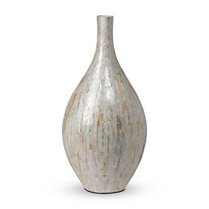 Tall mother-of-pearl mosaic vessel with a rounded body, slender neck and luminous cream and gold tones