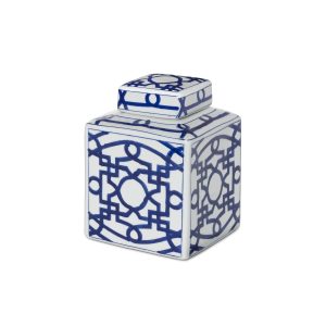 Small white porcelain square jar with a deep-blue geometric pattern and matching lid
