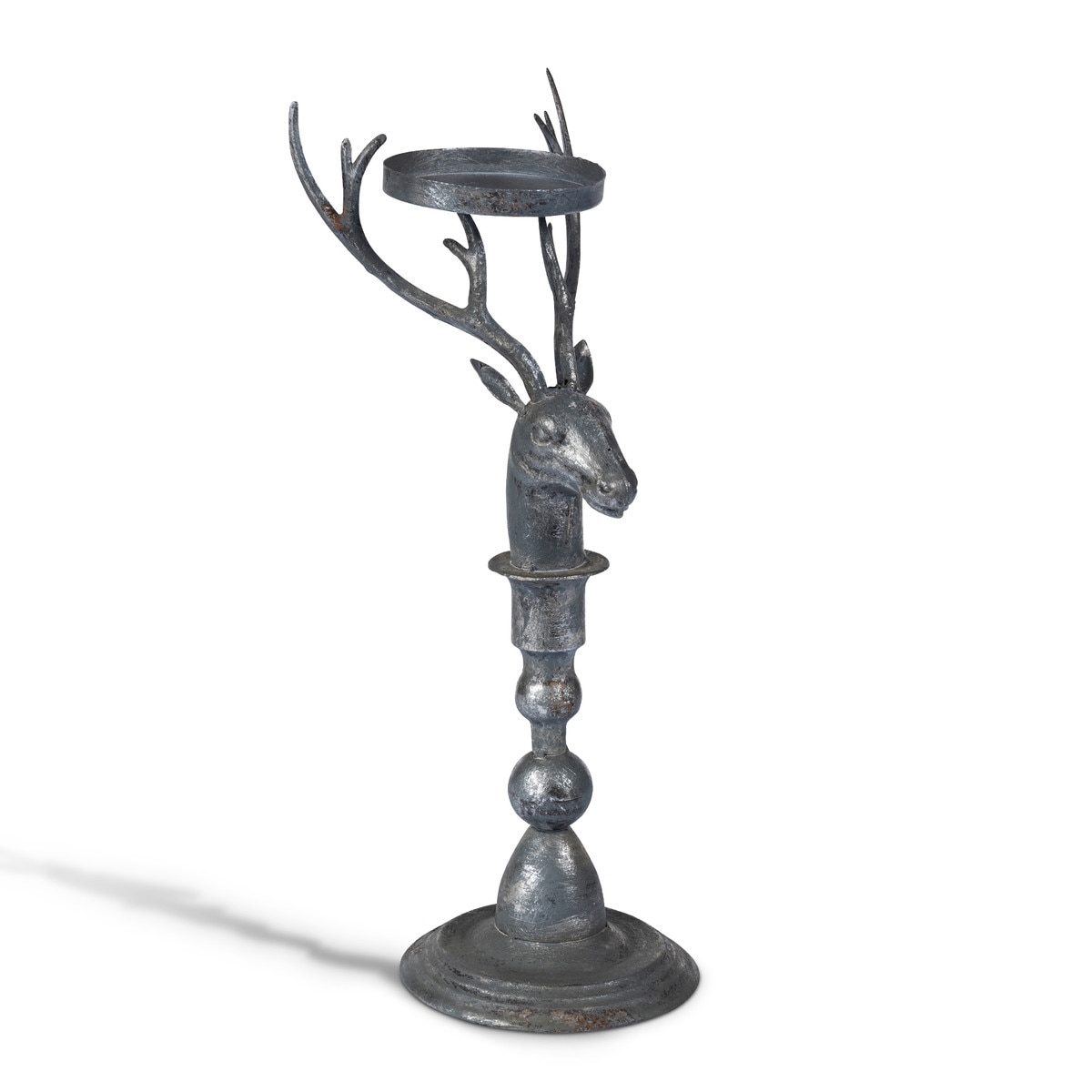 Weathered-looking dark gray iron deer pillar candle holder with branching antlers and pedestal base