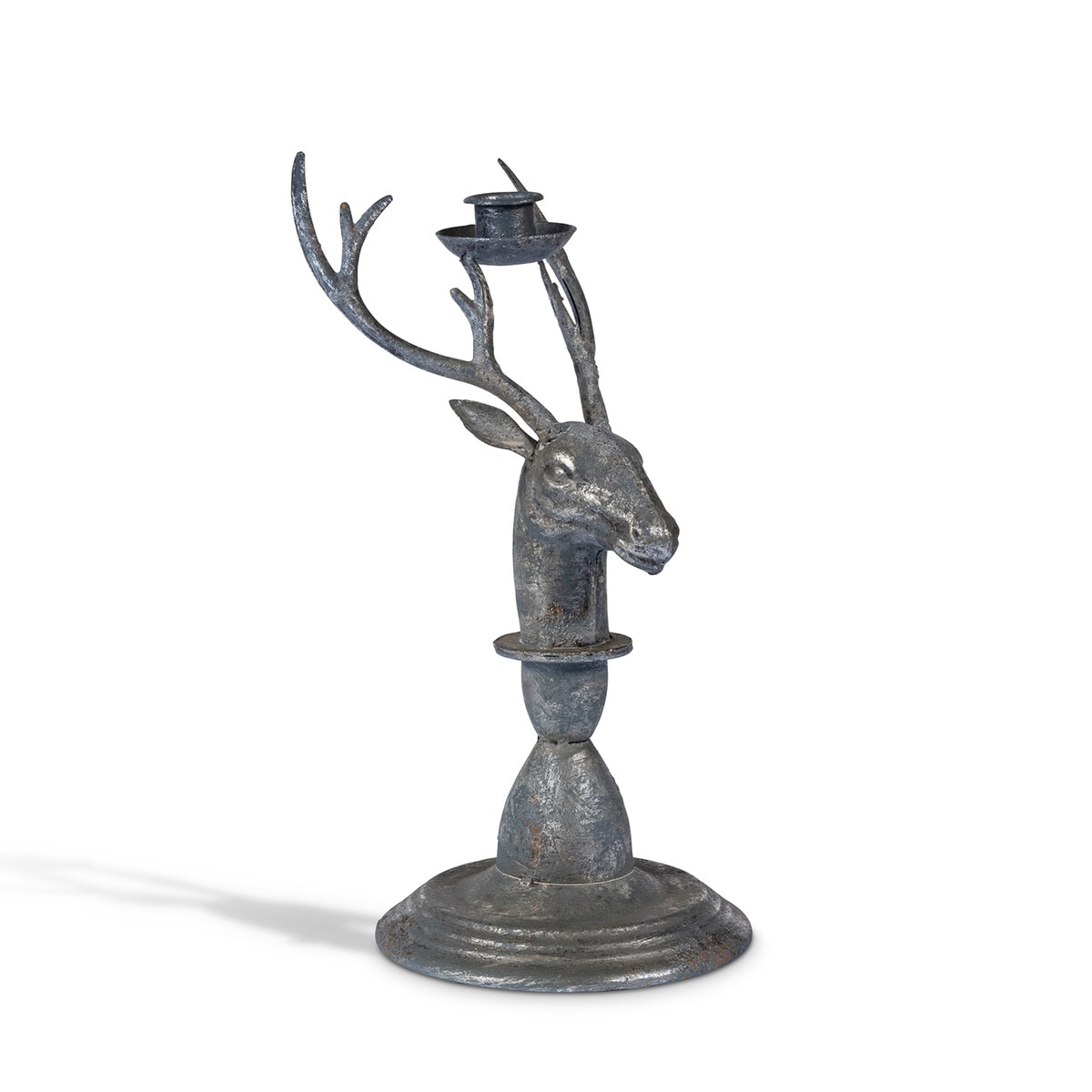 Small iron deer-head taper candle holder with branching antlers and pedestal base
