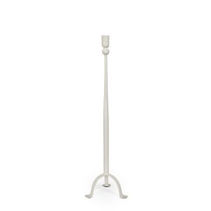 Sand-cream iron taper candle holder with slender stem and open tripod base