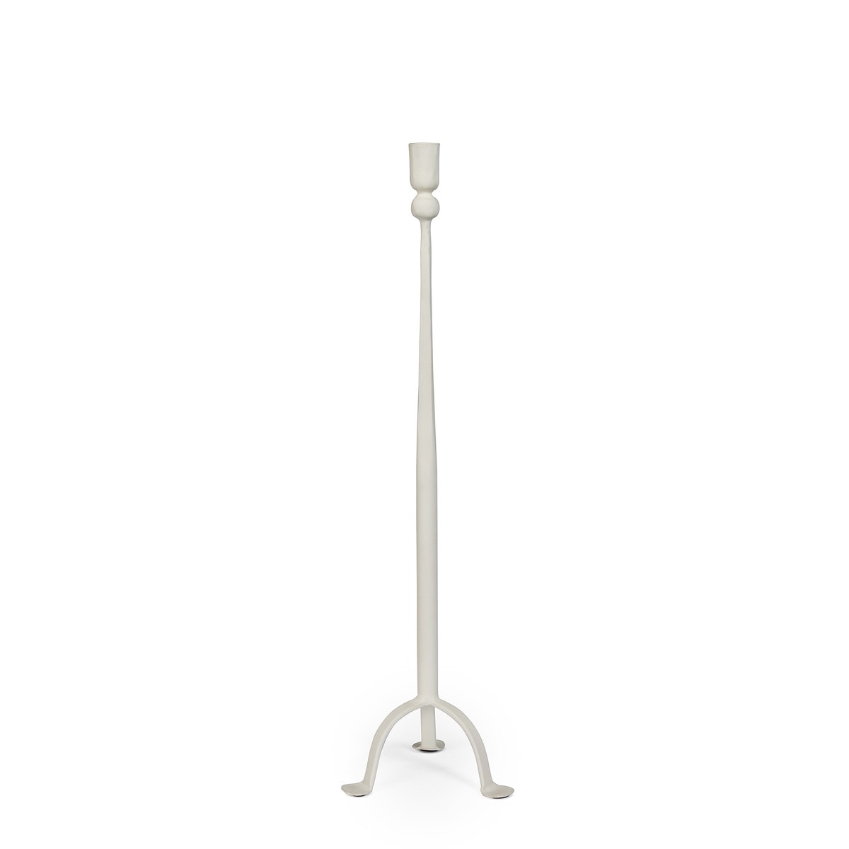 Sand-cream iron taper candle holder with slender stem and open tripod base