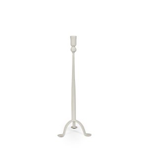 Sand-cream iron taper candle holder with slender stem and open tripod base