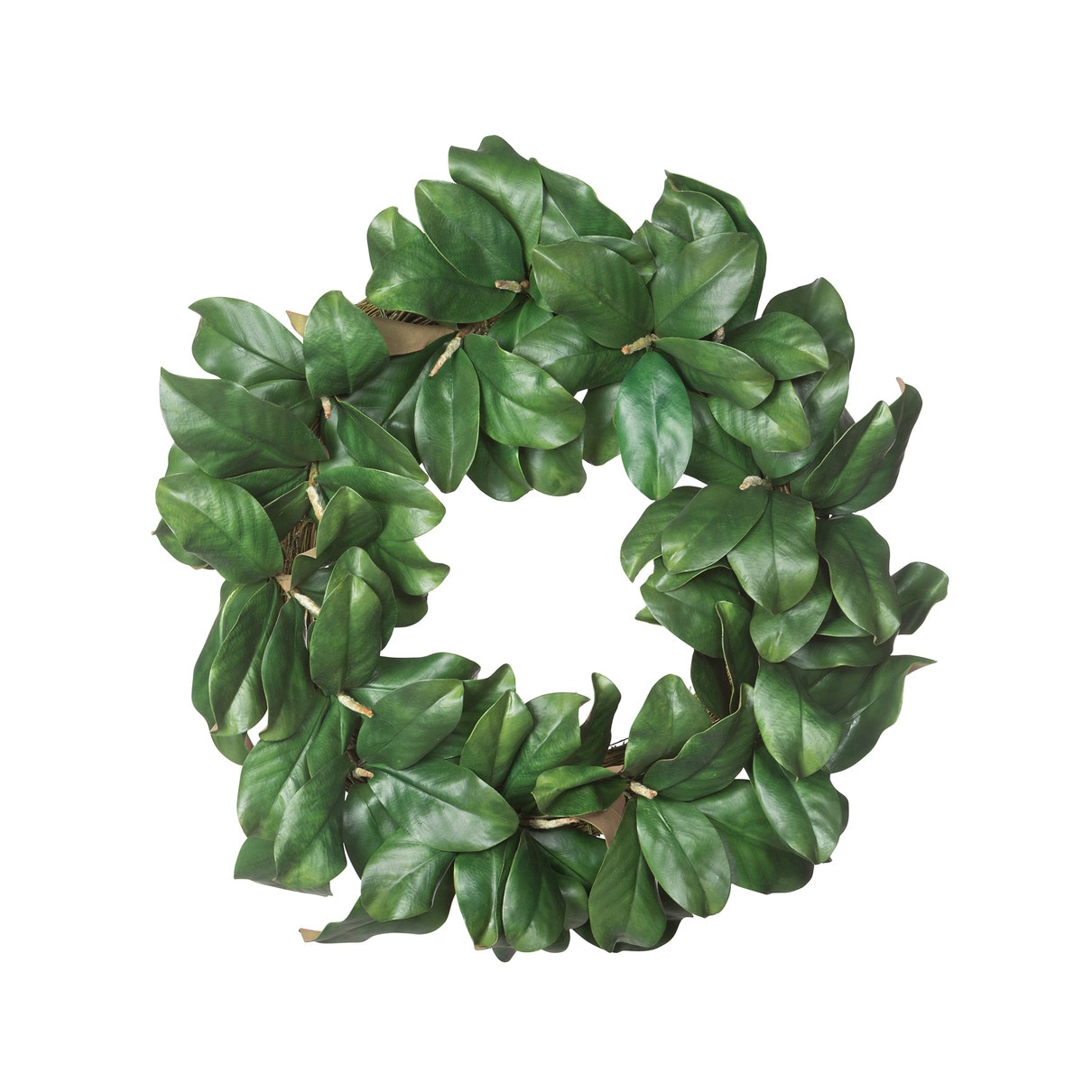 Full circular faux magnolia wreath with layered broad green leaves
