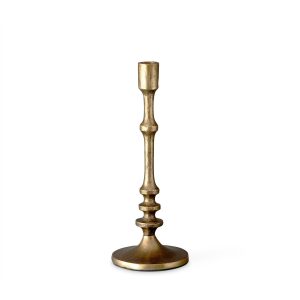Medium aged-brass-finish candlestick with a slender shaped stem and round base