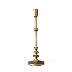 Tall aged-brass-finish aluminum candlestick with a slender turned stem and round base