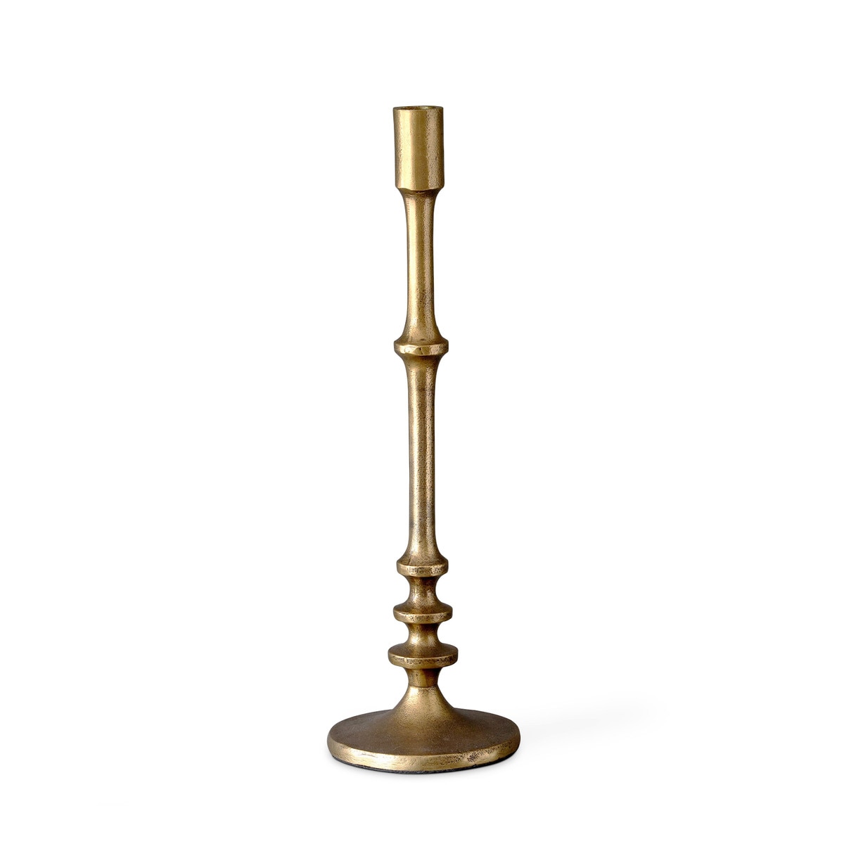 Tall aged-brass-finish aluminum candlestick with a slender turned stem and round base