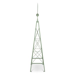 One narrow, tapering green iron trellis with crossed side braces, a ball-and-spike finial and four feet; isolated white background