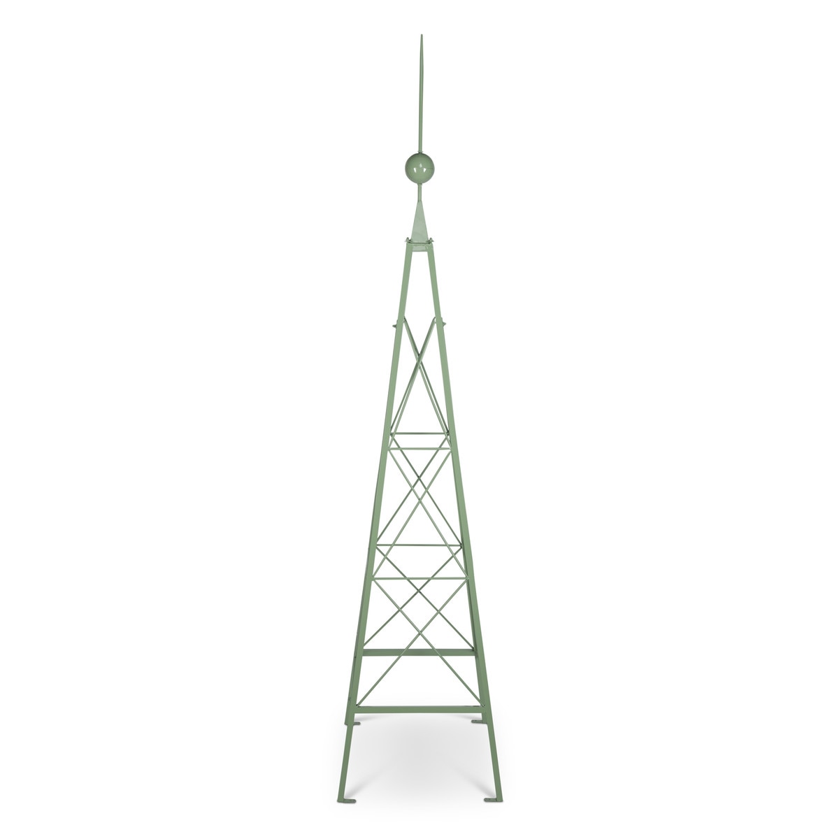One narrow, tapering green iron trellis with crossed side braces, a ball-and-spike finial and four feet; isolated white background
