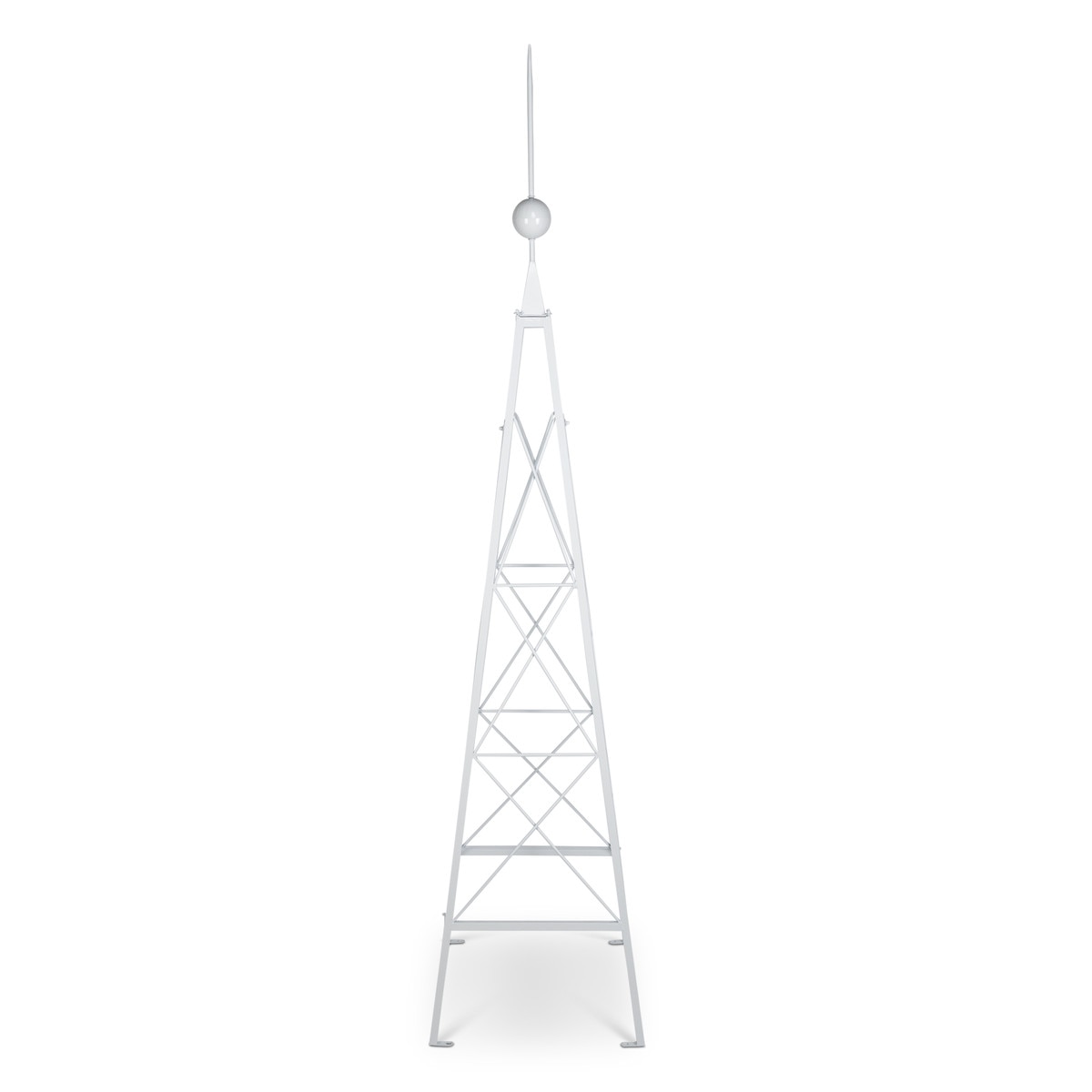 Soft-white iron garden trellis with crisscross latticework and a tall pointed finial