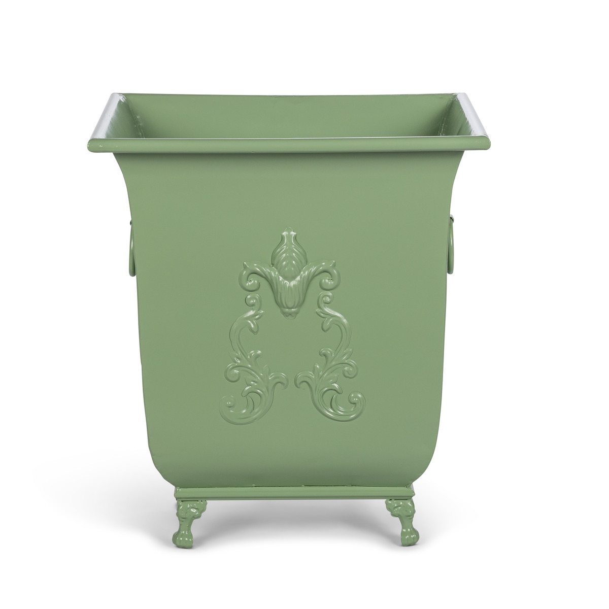Soft green metal planter with a broad rectangular rim, raised scroll decoration and decorative feet