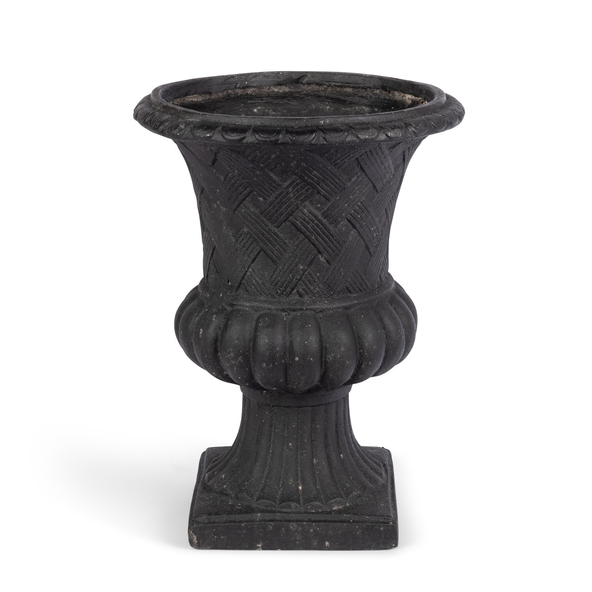 Black urn with a basketweave-textured body, decorative rim, fluted lower bowl and square pedestal base