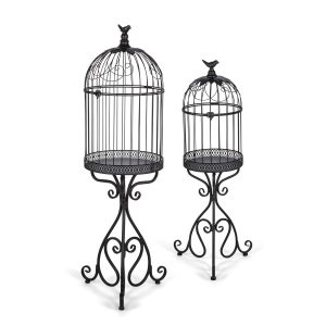 Set of two black iron birdcage planters with wire domes, songbird finials and scrolling stands