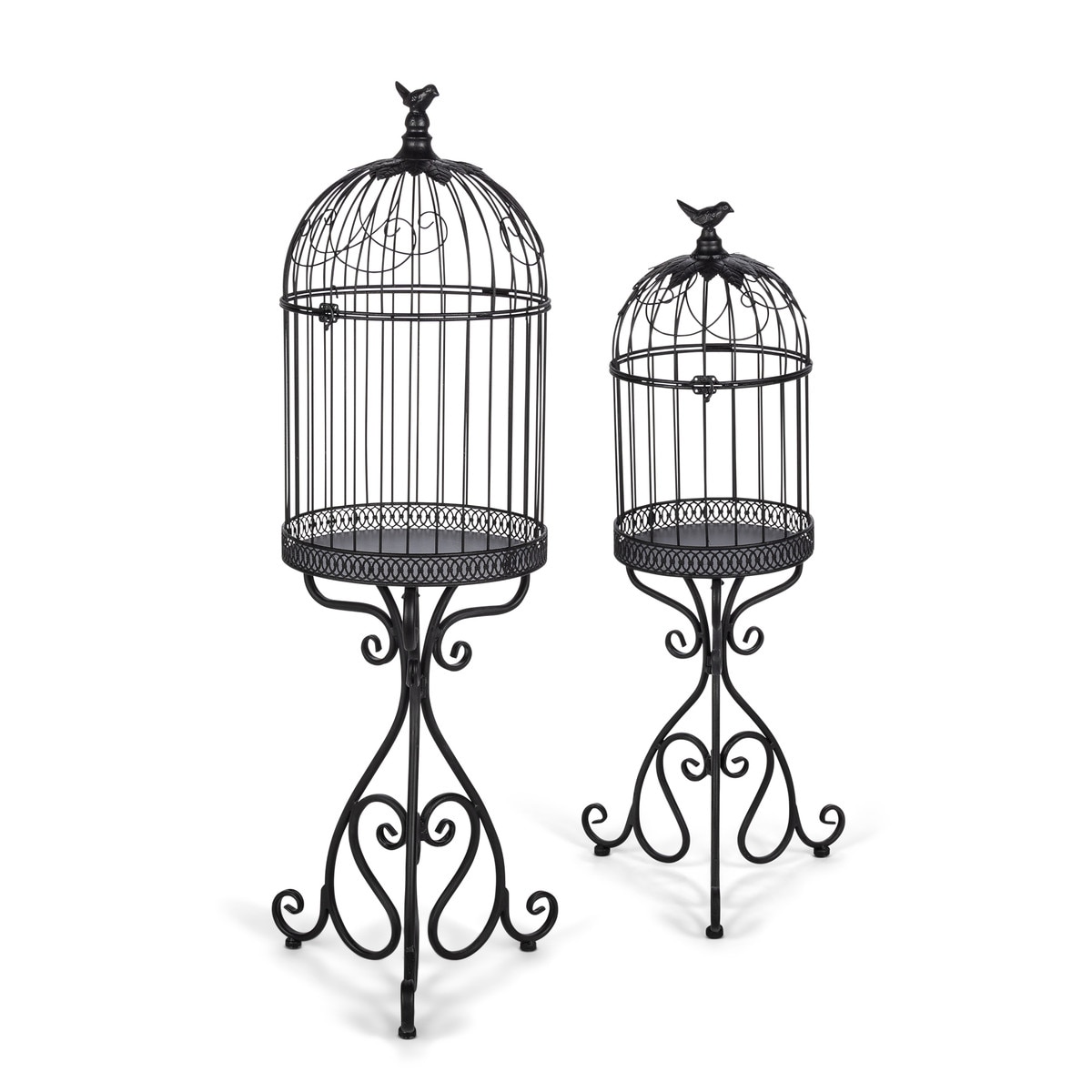 Set of two black iron birdcage planters with wire domes, songbird finials and scrolling stands