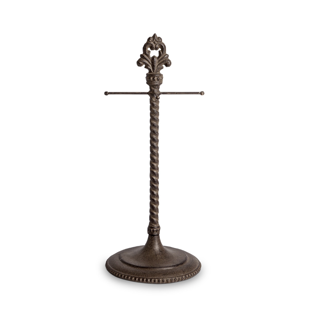 Dark brown measuring cup holder with twisted stem and fleur-de-lis finial, shown without cups