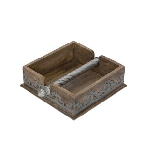Brown mango wood napkin holder with silvery scroll inlay and a spiraled metal keeper bar