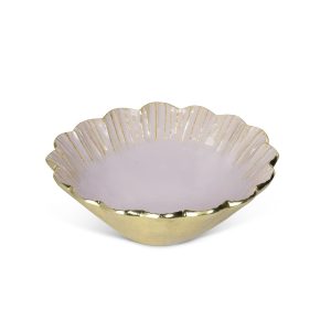 Small scalloped decorative bowl with light pink enamel and gold-colored veining