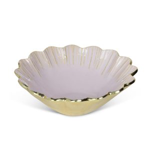 Large scalloped decorative bowl with light pink enamel and gold-colored veining