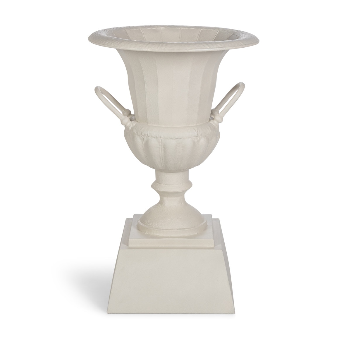 Soft-white fluted iron urn with loop handles and a square pedestal