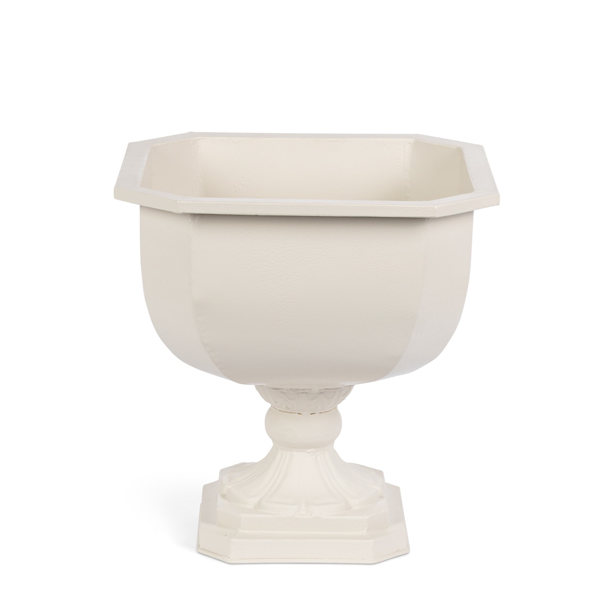 Soft white iron chalice planter with an octagonal rim and fluted pedestal base