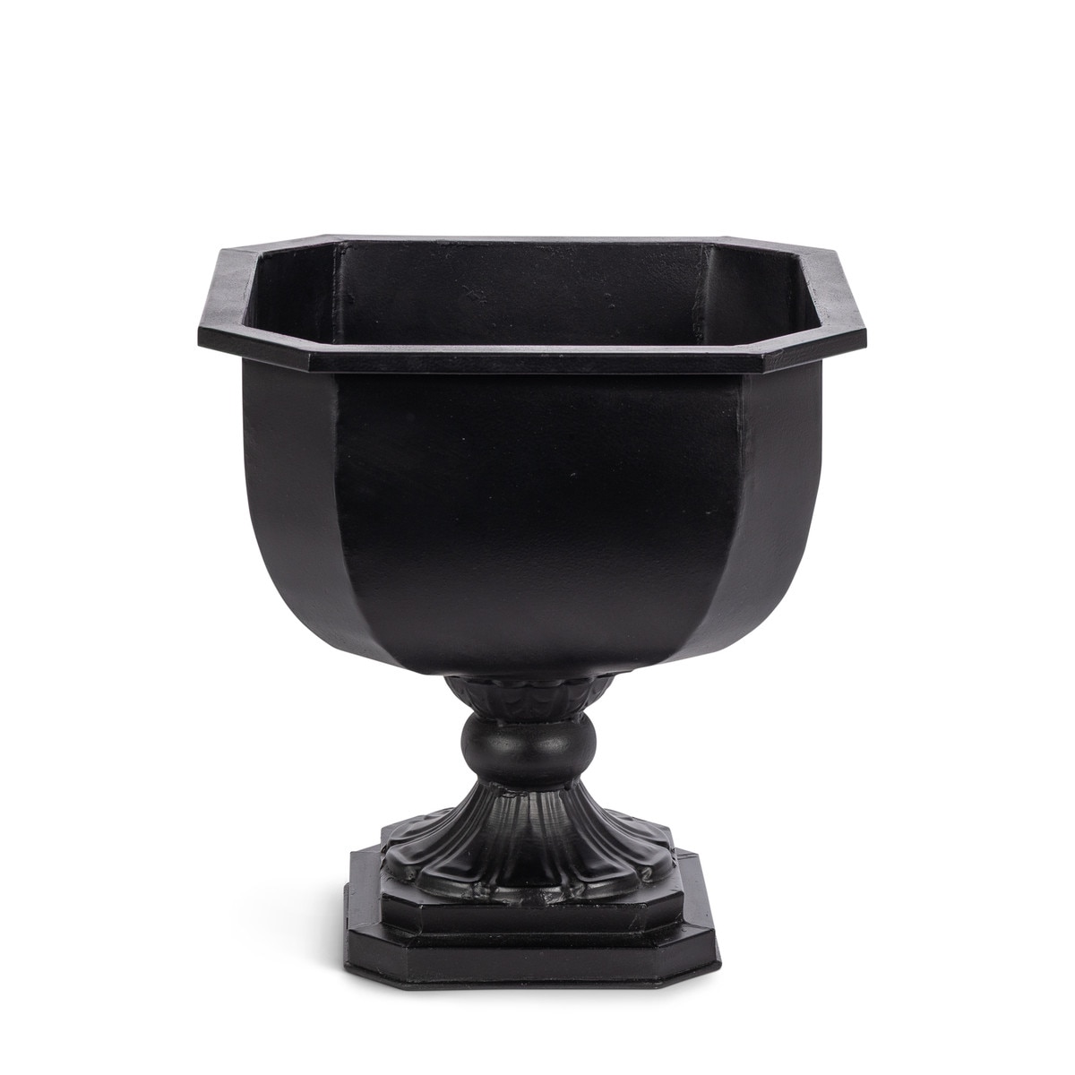 An iron chalice planter in Noir, with an octagonal rim, rounded bowl and fluted pedestal.