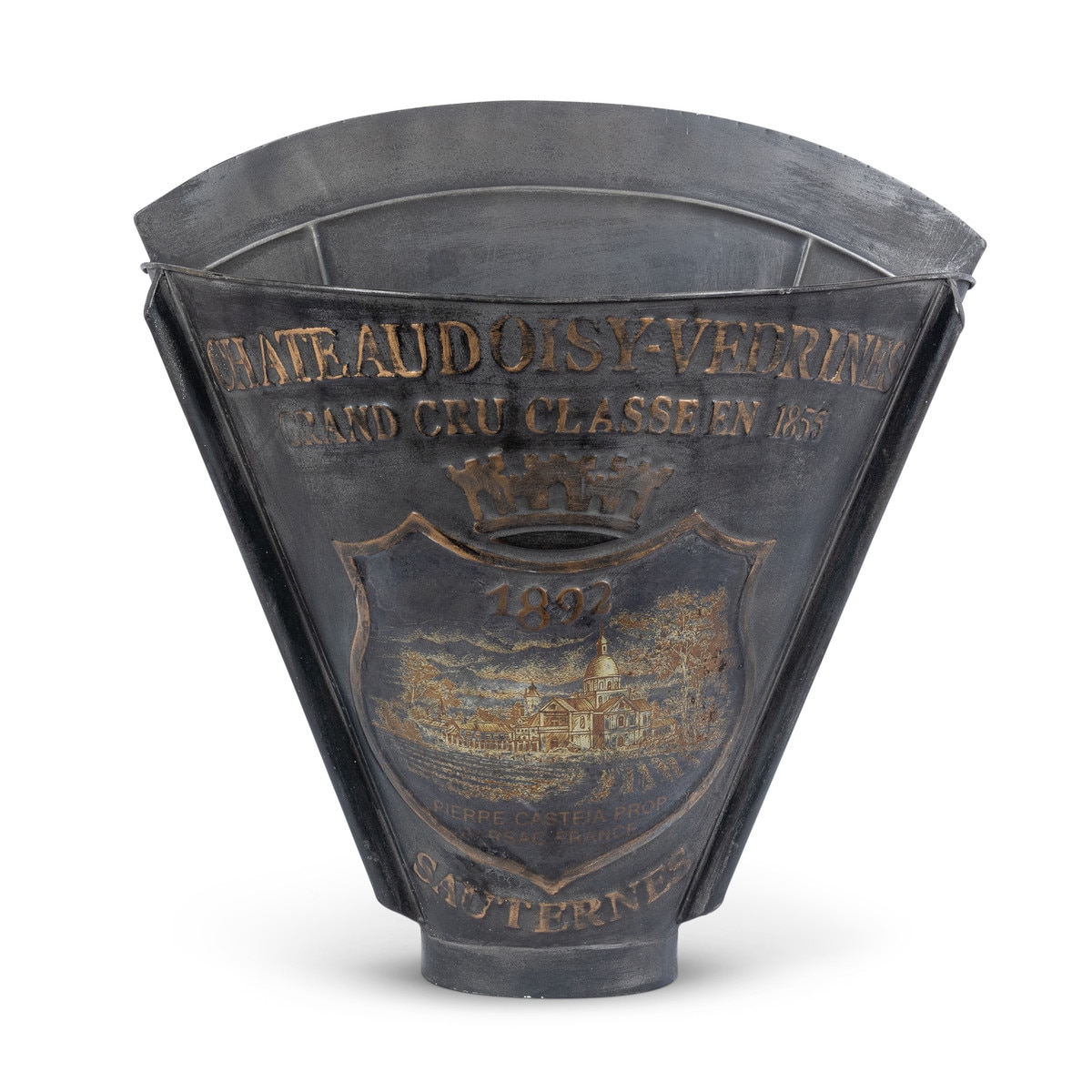 Weathered-black metal picking basket with gold-toned château crest and lettering