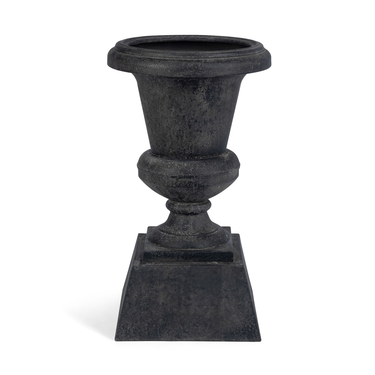 Noir iron entry urn with an aged surface and stepped square pedestal
