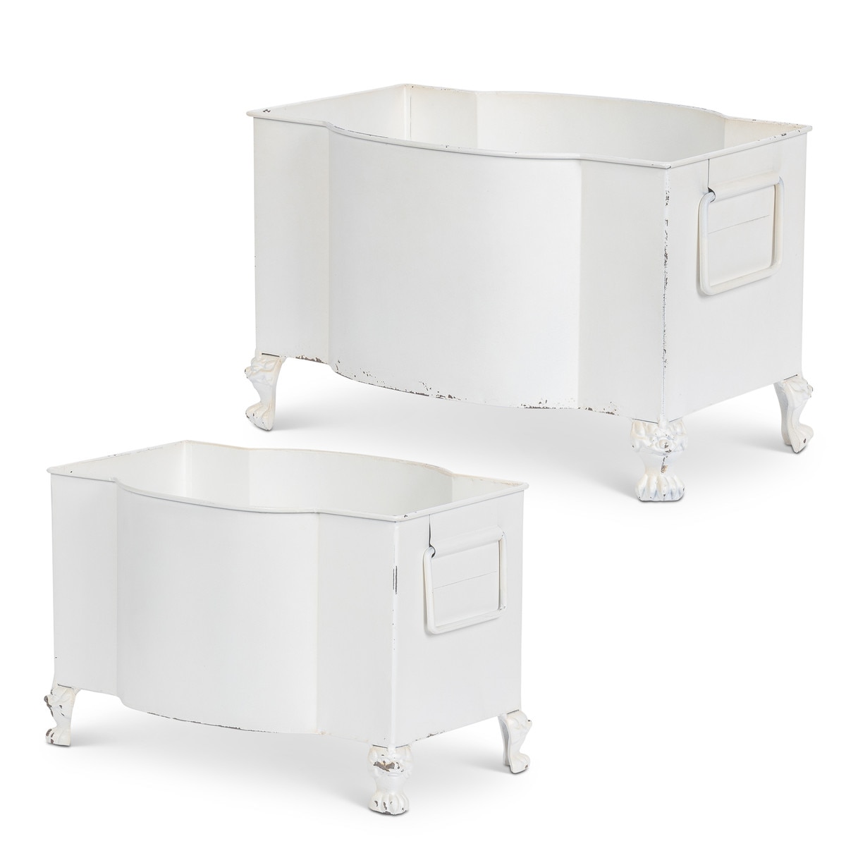 Footed Metal Planters, Antiqued White, Set of 2
