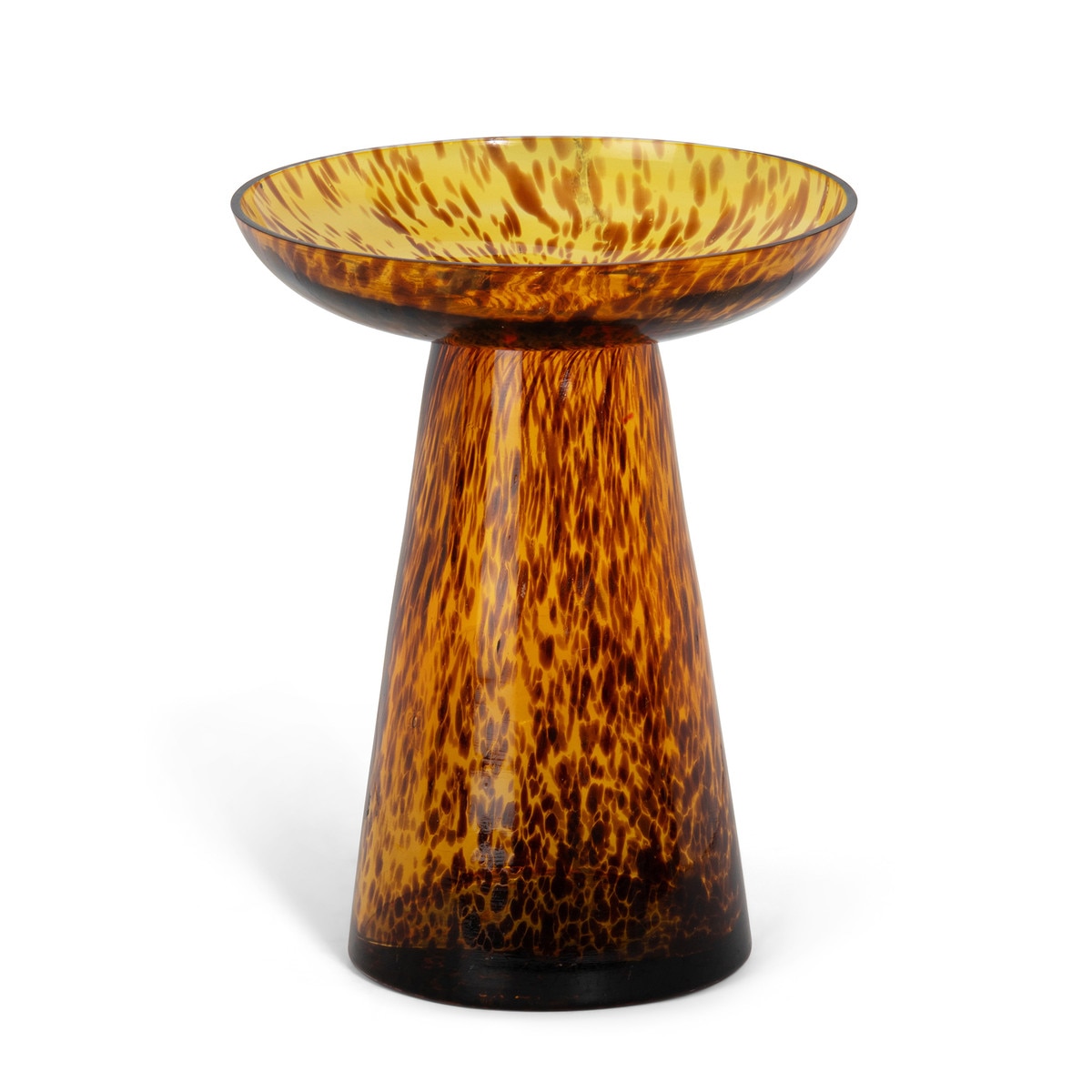 Amber and brown tortoise-patterned glass candle holder with a shallow cup and tapered pedestal