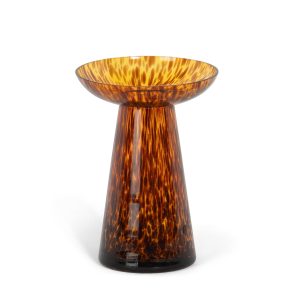 Small amber-and-brown patterned glass candle holder with a flared top and tapered pedestal