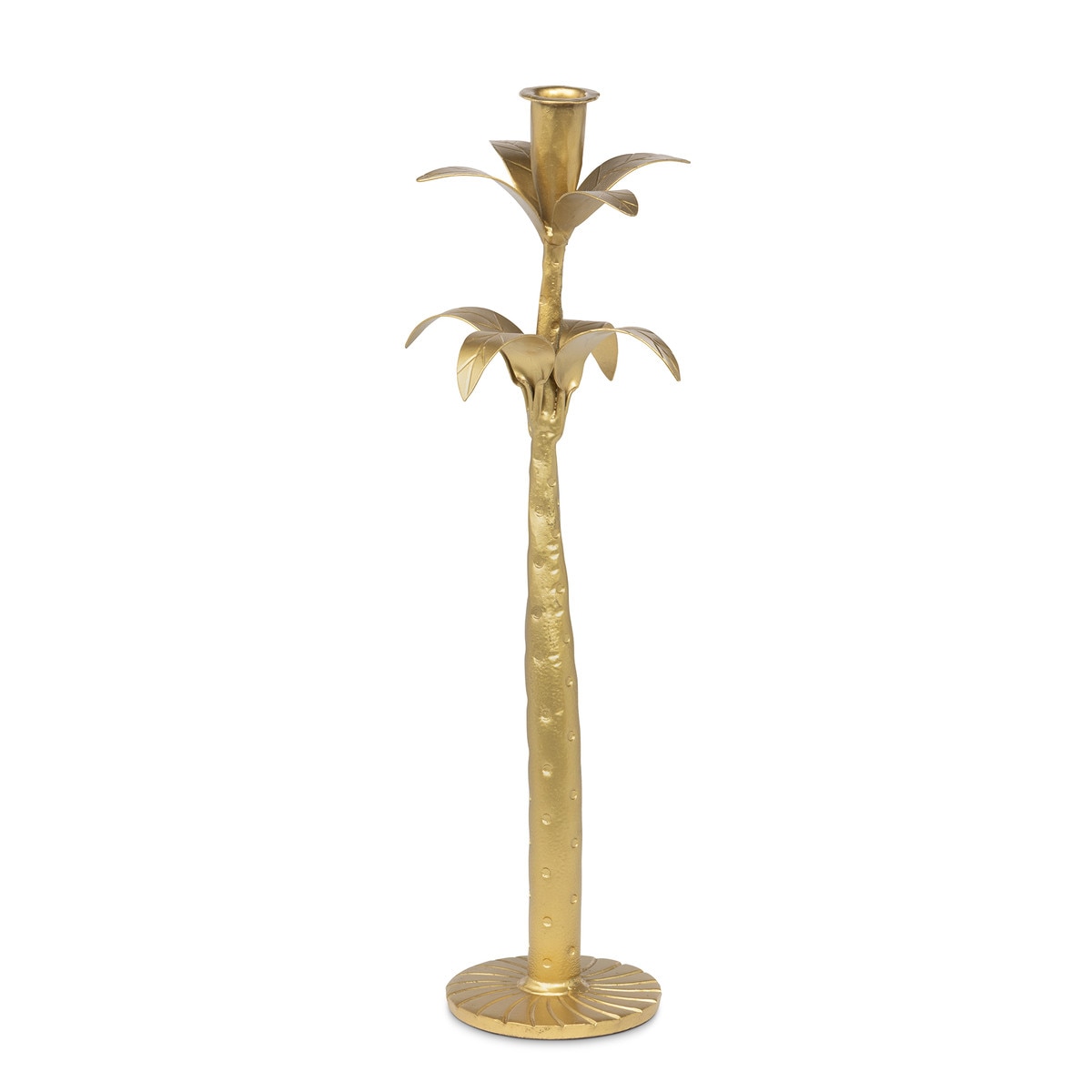 Medium antique-gold palm candle holder with layered leaves and a textured stem
