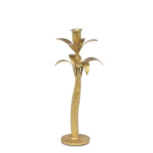 Antique Gold palm-shaped iron candle holder with a slender stem, layered leaves and round base