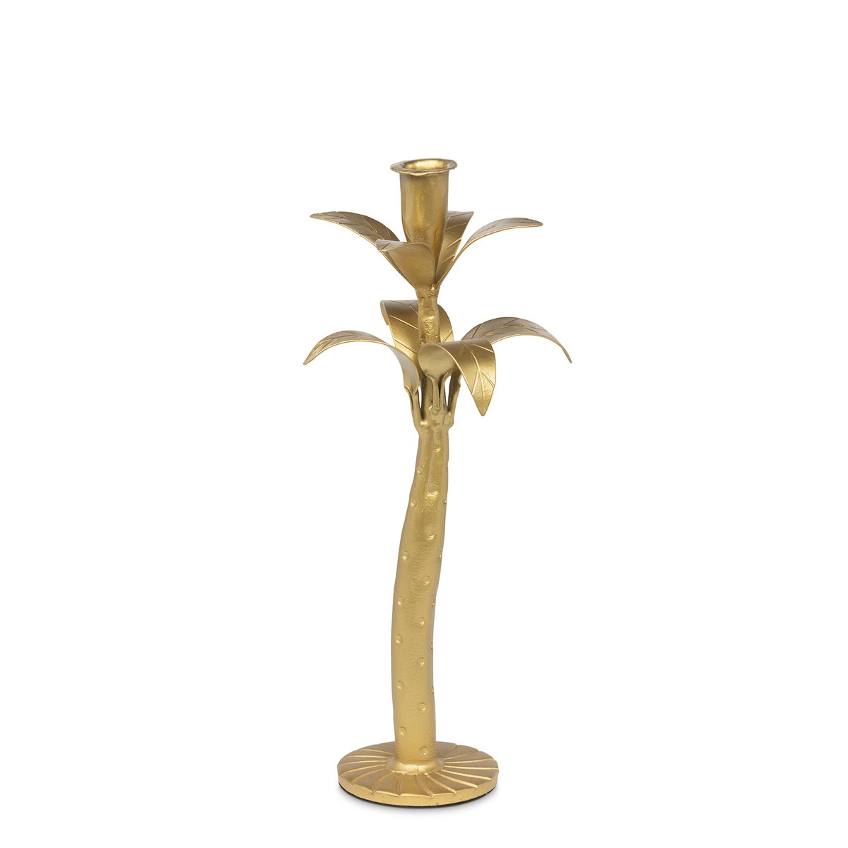 Antique Gold palm-shaped iron candle holder with a slender stem, layered leaves and round base