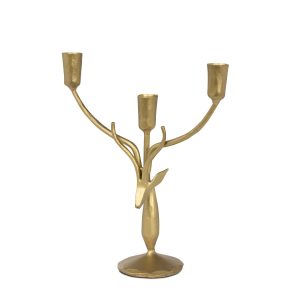 Antiqued-gold iron stag candle holder with three candle cups and branching arms on a pedestal base