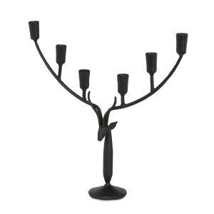 Black iron candle holder with a stag-head detail, antler-like branching arms and six candle cups