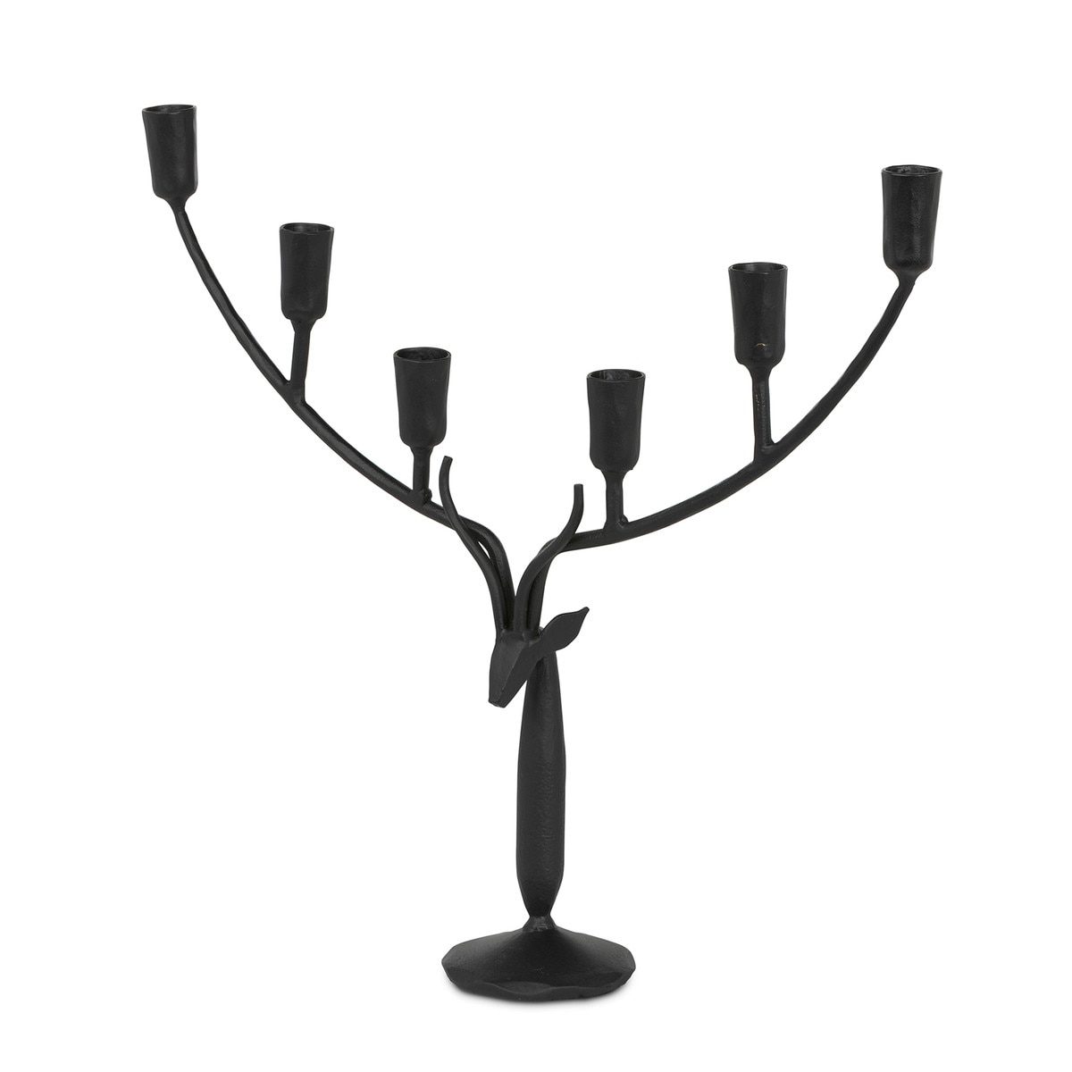Black iron candle holder with a stag-head detail, antler-like branching arms and six candle cups