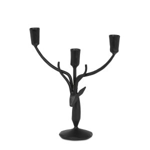 Small black iron stag candle holder with three branching candle cups