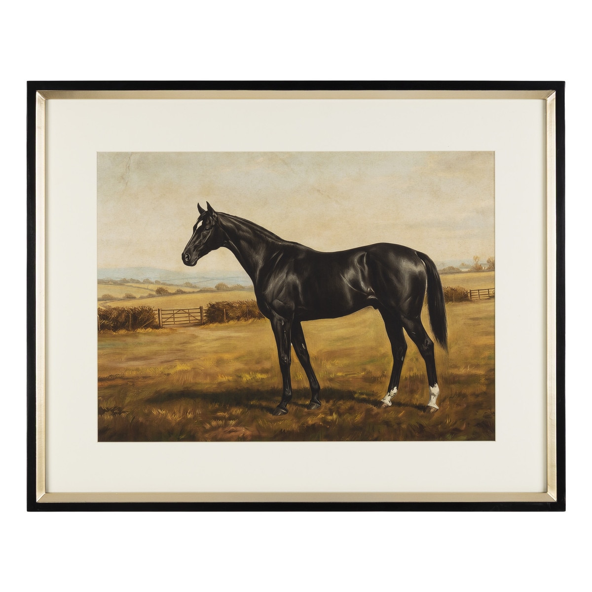 Framed black thoroughbred print with pastoral landscape and black-and-gold-tone frame