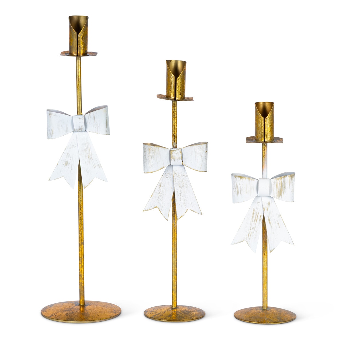 Three graduated gold/brass-tone iron taper candle holders with round bases and white metal bows, all empty